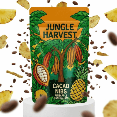 Jungle Harvest Cacao Nibs Pineapple Panela Jam Vorderseite der Packung